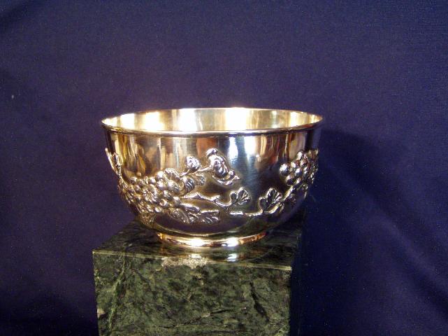 Chinese Export Silver bowl w/cast and applied Chrysanthemum decoration